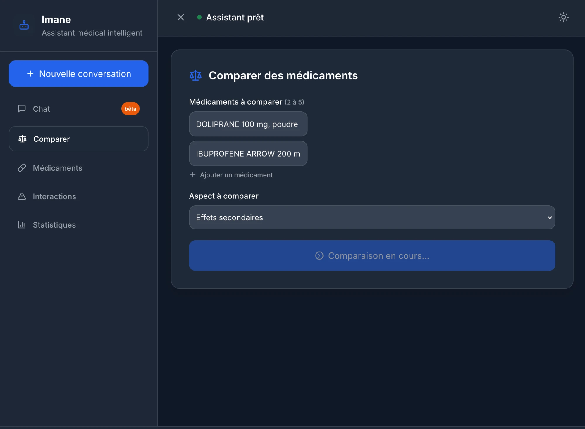 Comparison screen: two to five medications and an aspect to compare