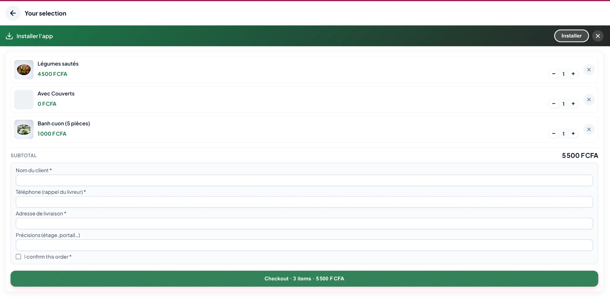 Order summary: cart lines with quantities, subtotal, delivery details and confirmation before payment