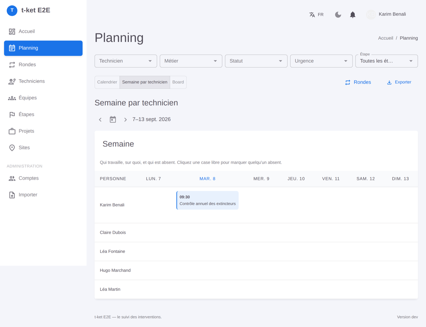 Planning — vue semaine par technicien