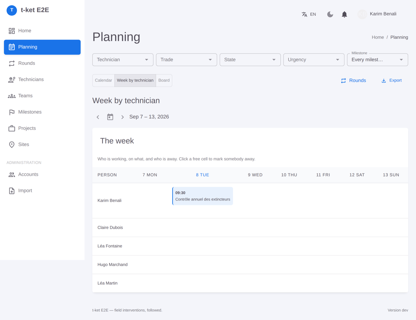 Planning — week-per-technician view