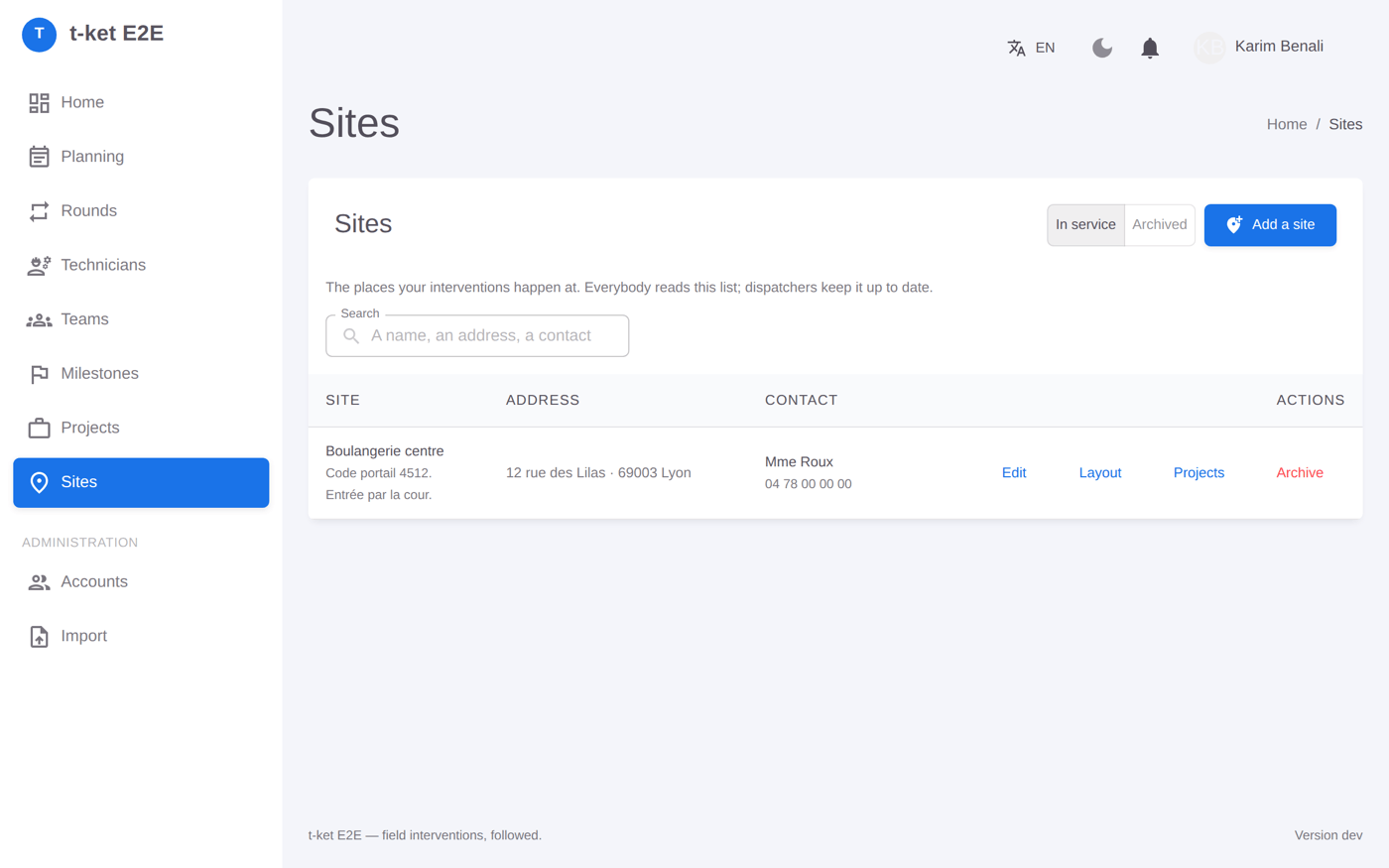 Sites — intervention locations with address, contact and zone breakdown