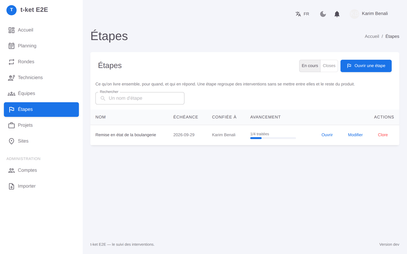 Étapes — jalons de livraison avec échéance, responsable et avancement