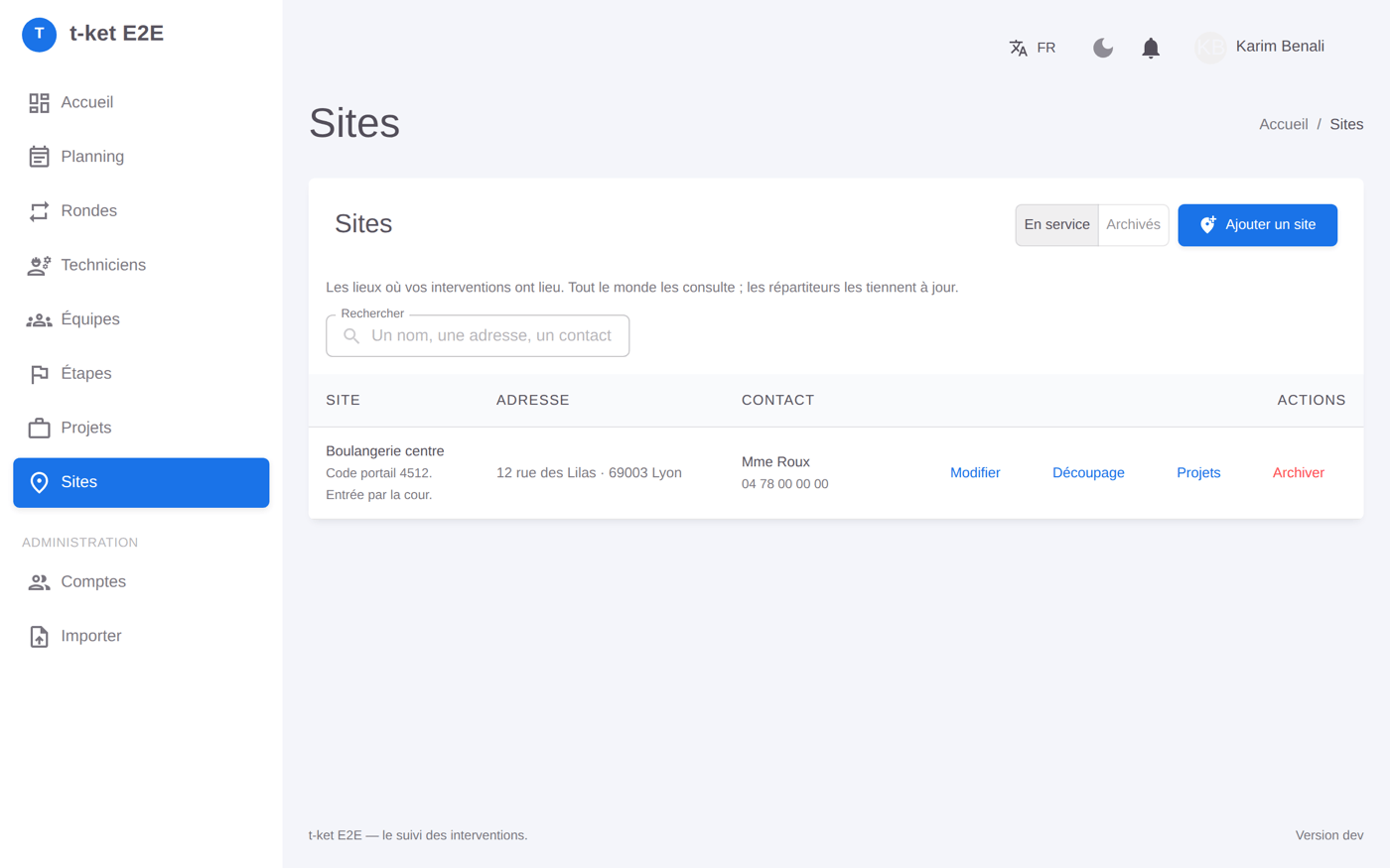 Sites — lieux d'intervention avec adresse, contact et découpage en zones